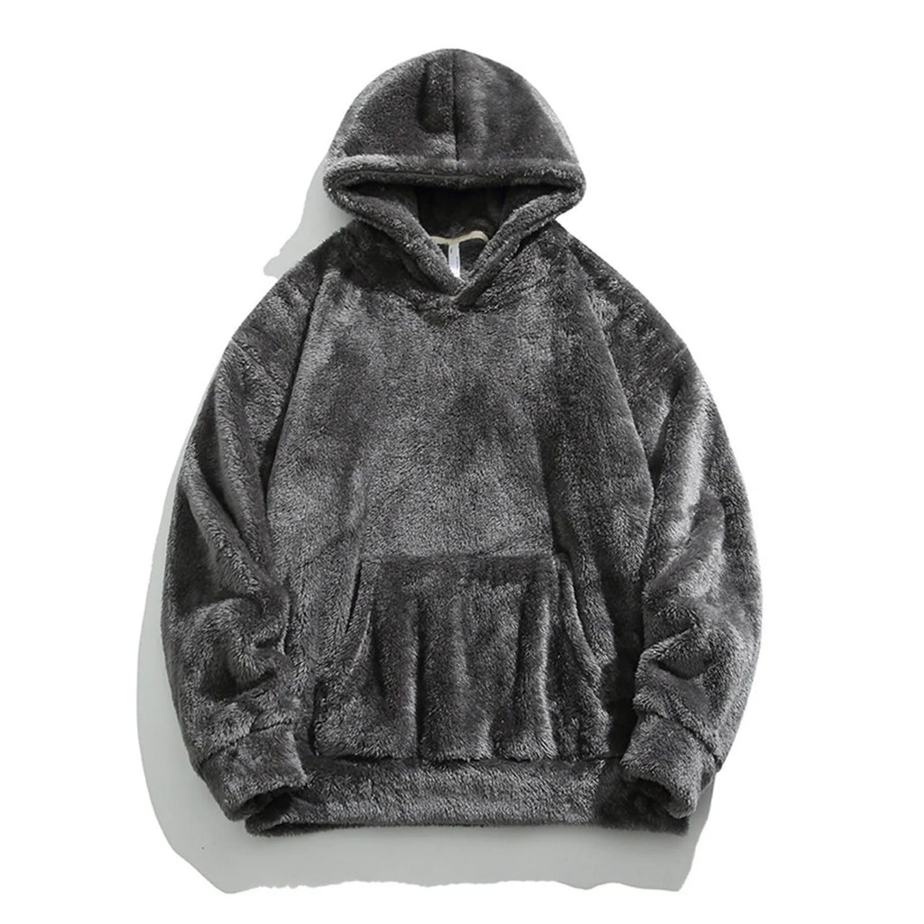 Mens fleece hoodie in Gray, plush pile with kangaroo pocket, front view