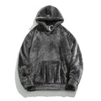 Mens fleece hoodie in Gray, plush pile with kangaroo pocket, front view