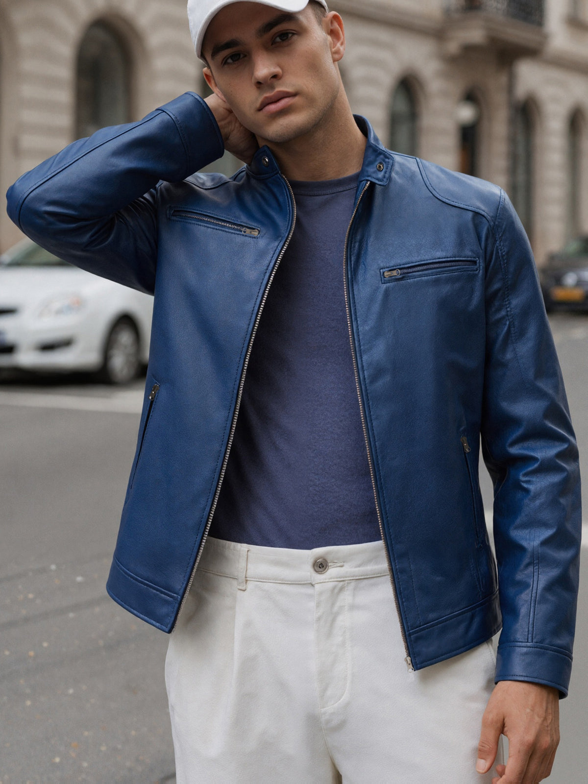 Zip Pockets Leather Jacket with Stand Collar