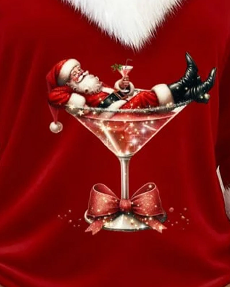 Womens Christmas sweater in Red, close view of the Santa cocktail glass print