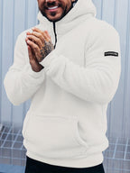 Mens sherpa hoodie in White, front view on a model outdoors