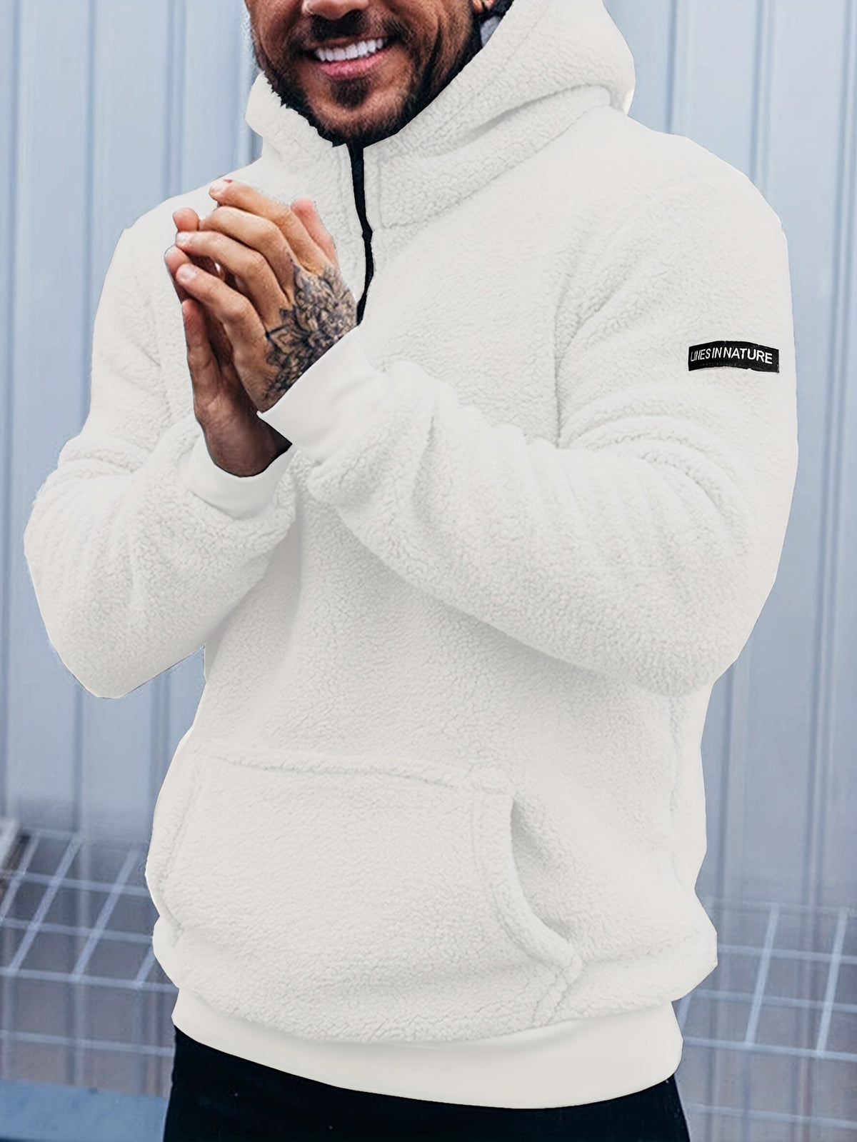 Mens sherpa hoodie in White, front view on a model outdoors