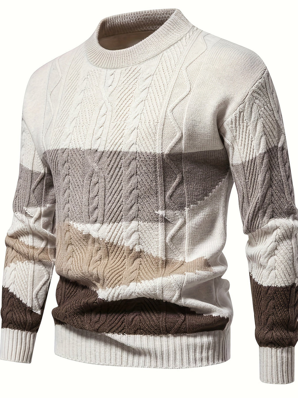 Mens cable knit sweater in Cream, front view with color block stripes