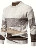 Mens cable knit sweater in Cream, front view with color block stripes