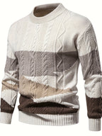 Mens cable knit sweater in Cream, front view with color block stripes