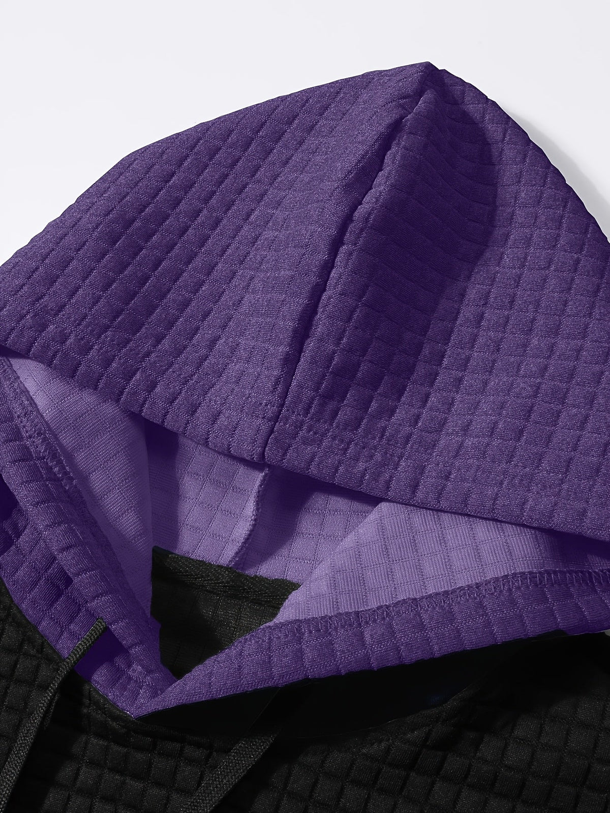 Mens hoodie in Purple, close-up of the waffle knit hood