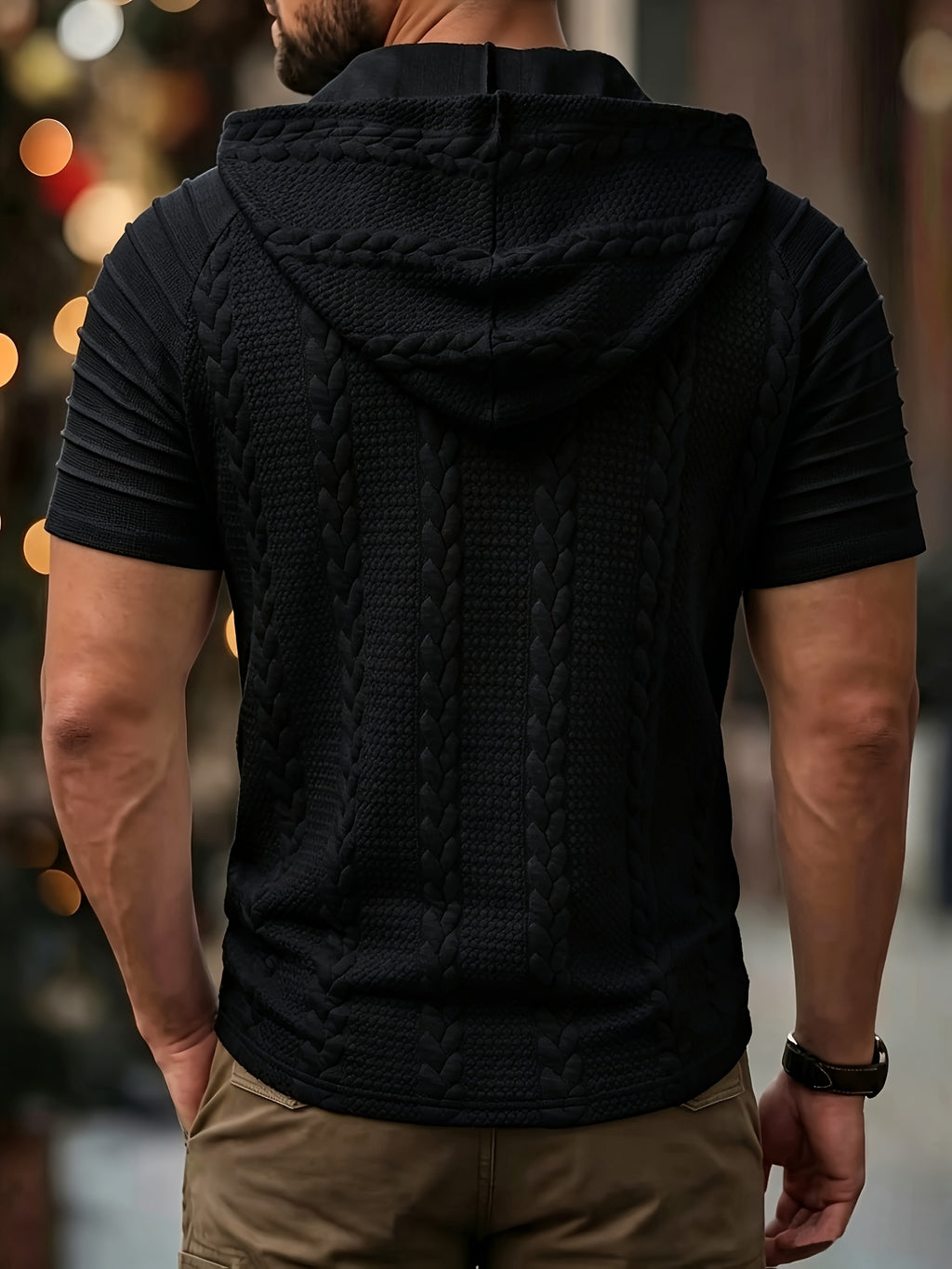 Black Short Sleeve Knit Hoodie for men, view 5