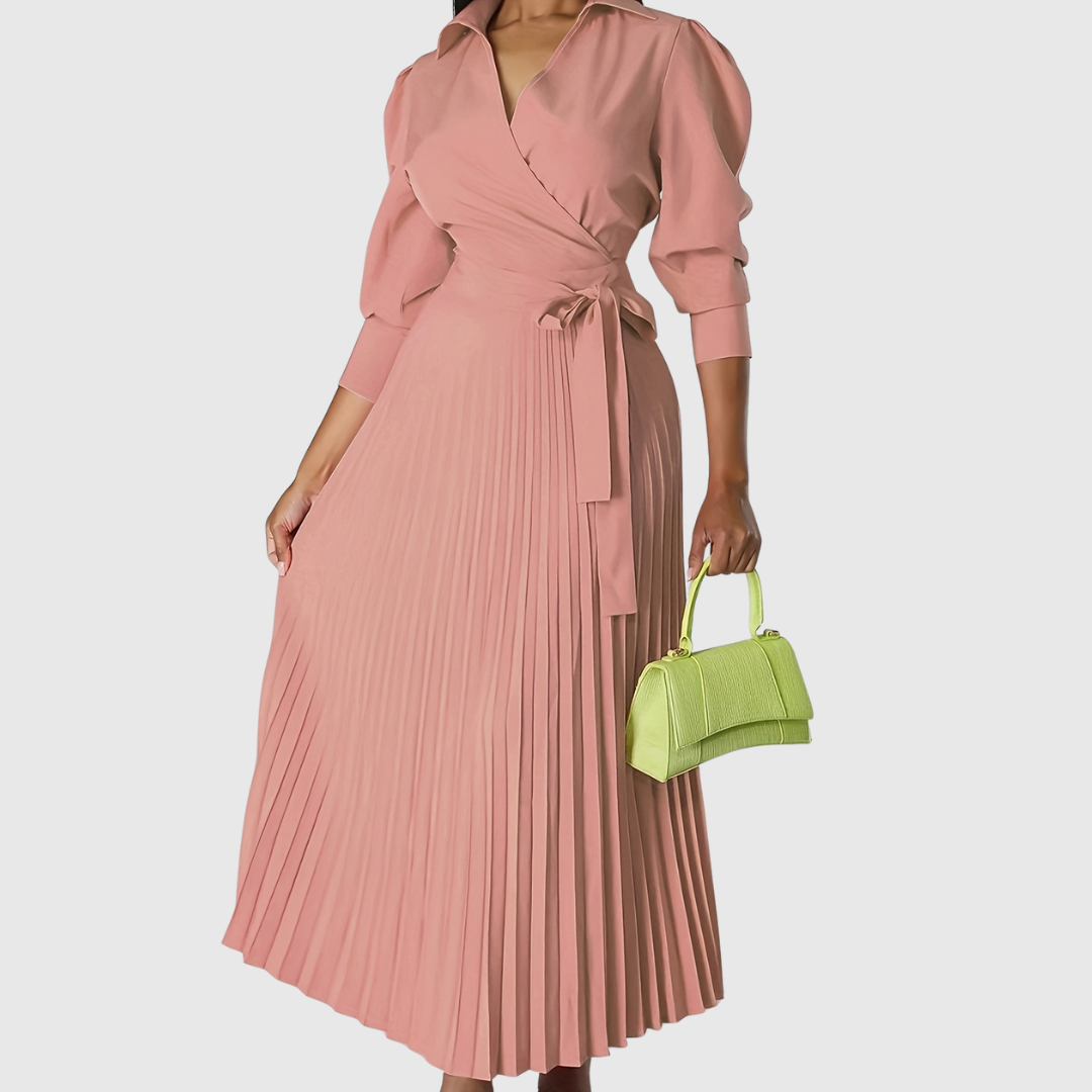 Womens wrap dress with pleated maxi skirt in Blush, tie waist, front view