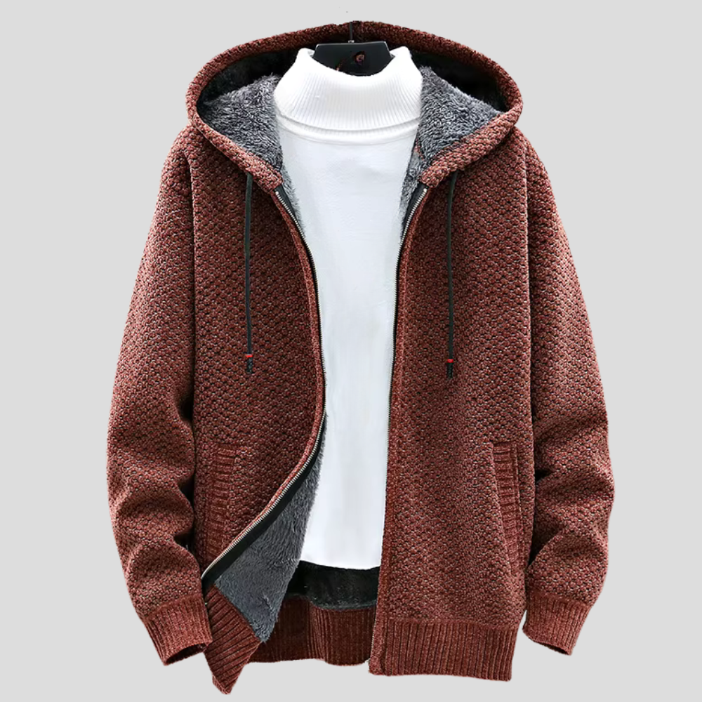 Brown Knit Hooded Cardigan for men