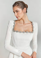 Womens velvet mini dress in White, close view of the rhinestone neckline