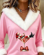Womens Christmas sweater in Pink, close front view