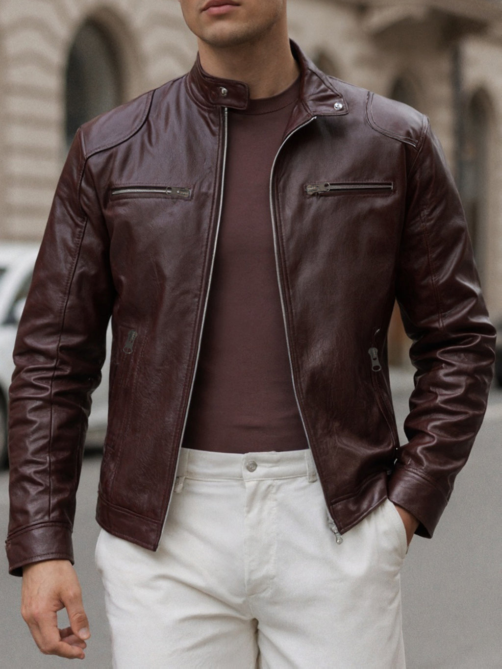Zip Pockets Leather Jacket with Stand Collar