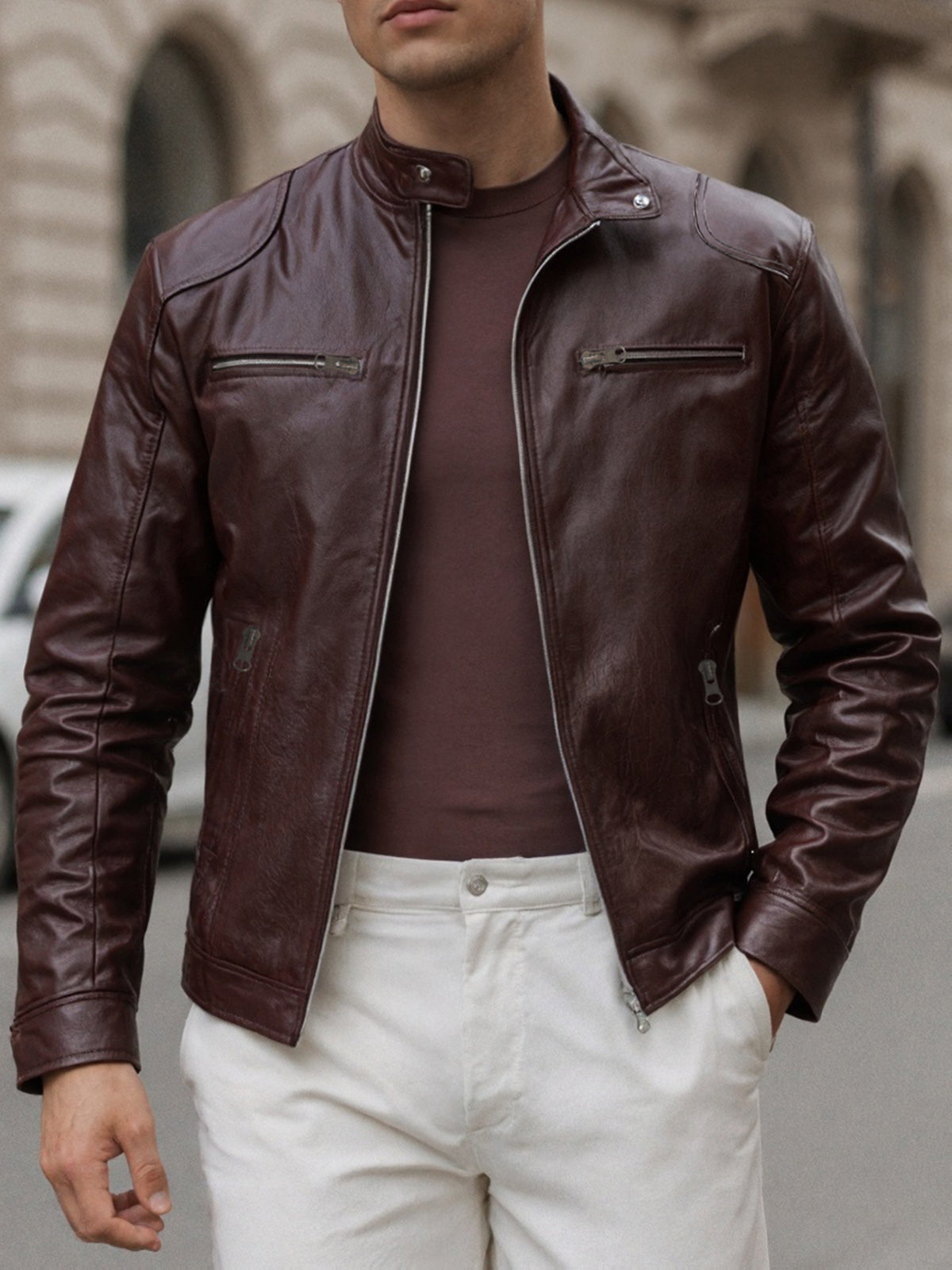 Zip Pockets Leather Jacket with Stand Collar
