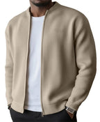 Mens zip up cardigan in rib knit in Khaki, worn open over a white tee