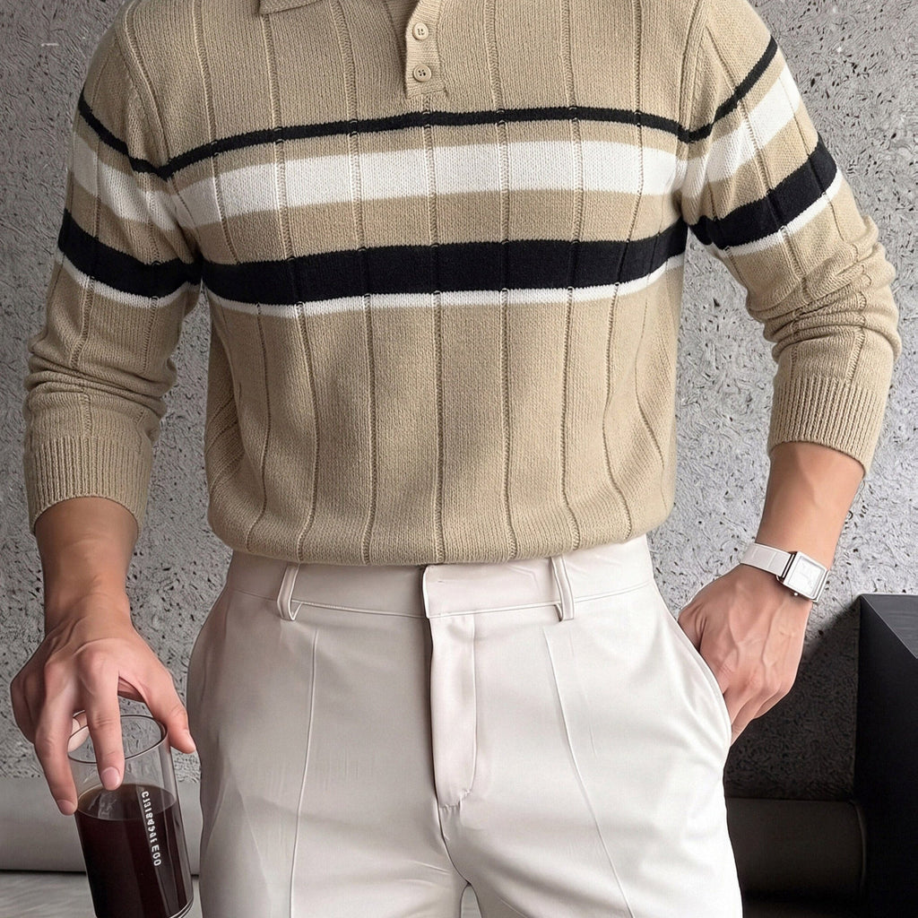 Striped Knit Polo with Button Placket