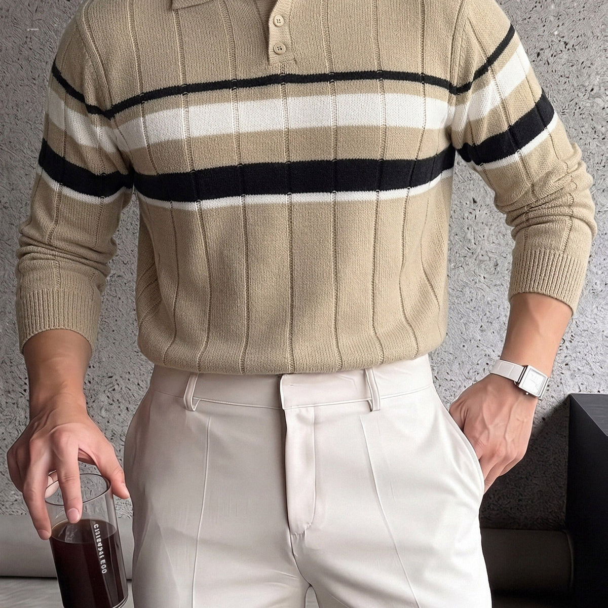 Striped Knit Polo with Button Placket