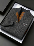 Mens mock neck sweater in Dark Gray, folded with brown collar trim