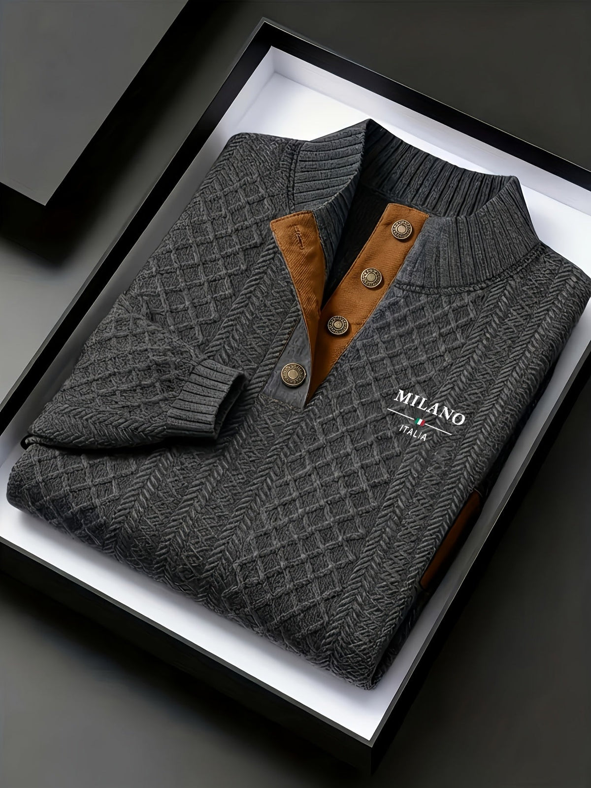 Mens mock neck sweater in Dark Gray, folded with brown collar trim