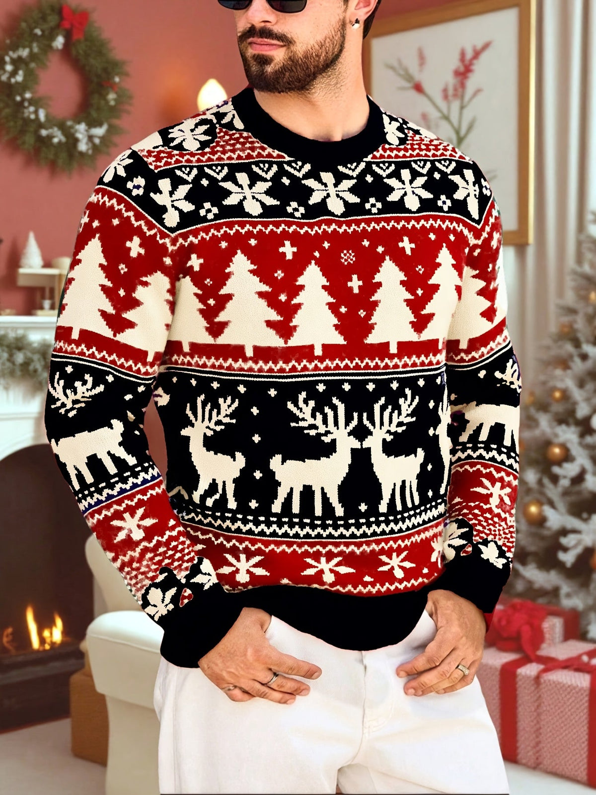 Mens Christmas sweater in Black with reindeer pattern, front view