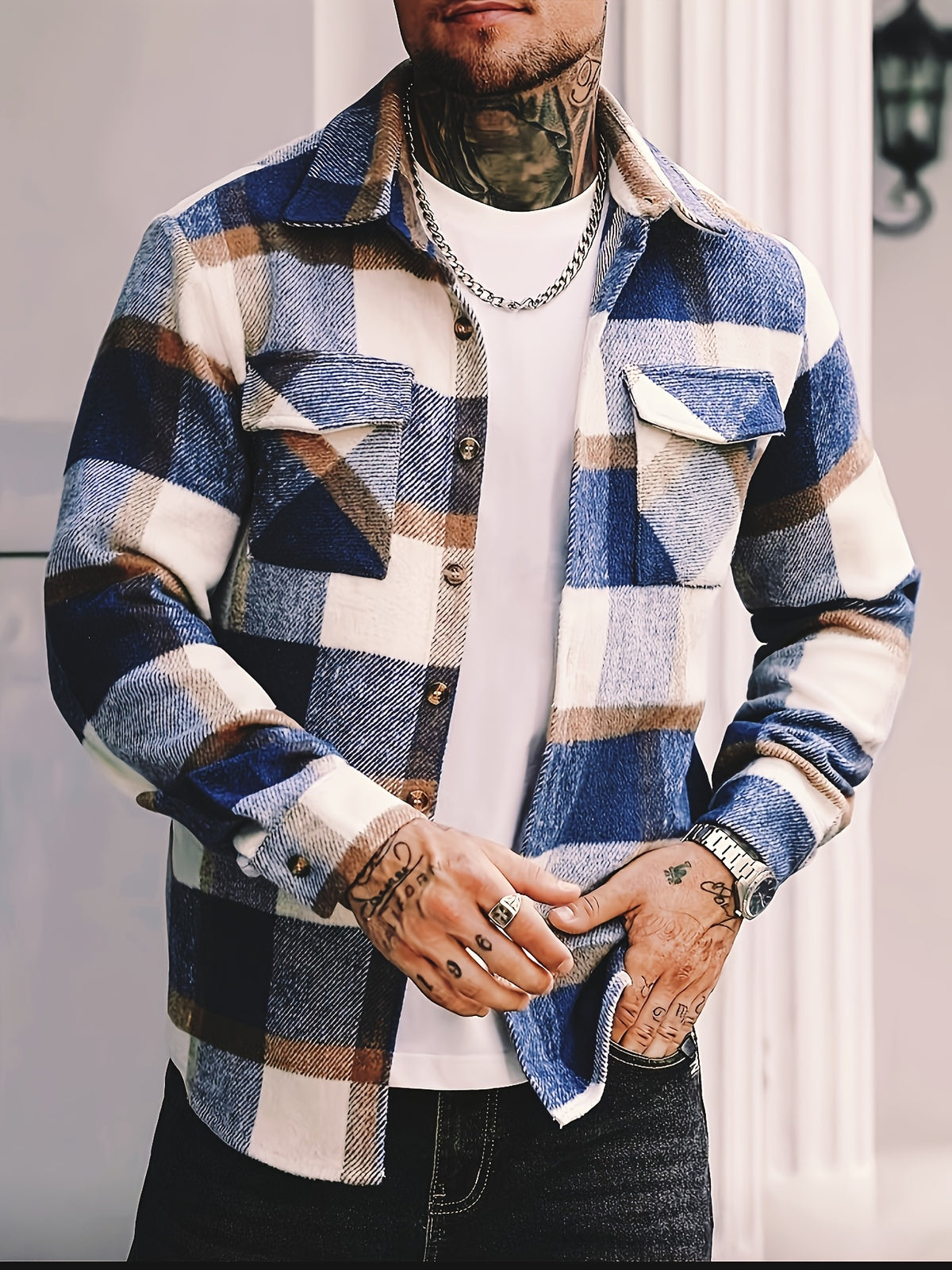 Blue Plaid Check Flannel Shirt Jacket with Chest Pockets