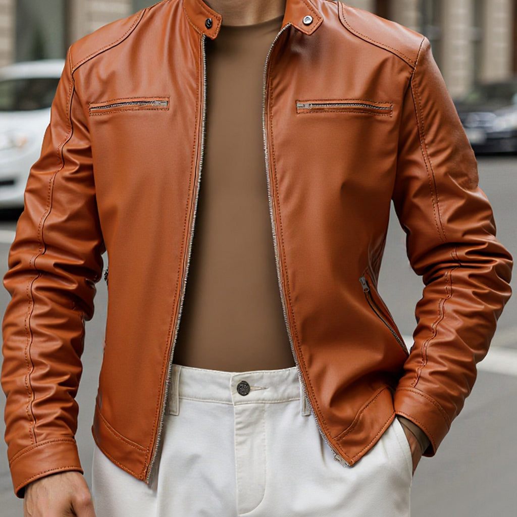 Zip Pockets Leather Jacket with Stand Collar