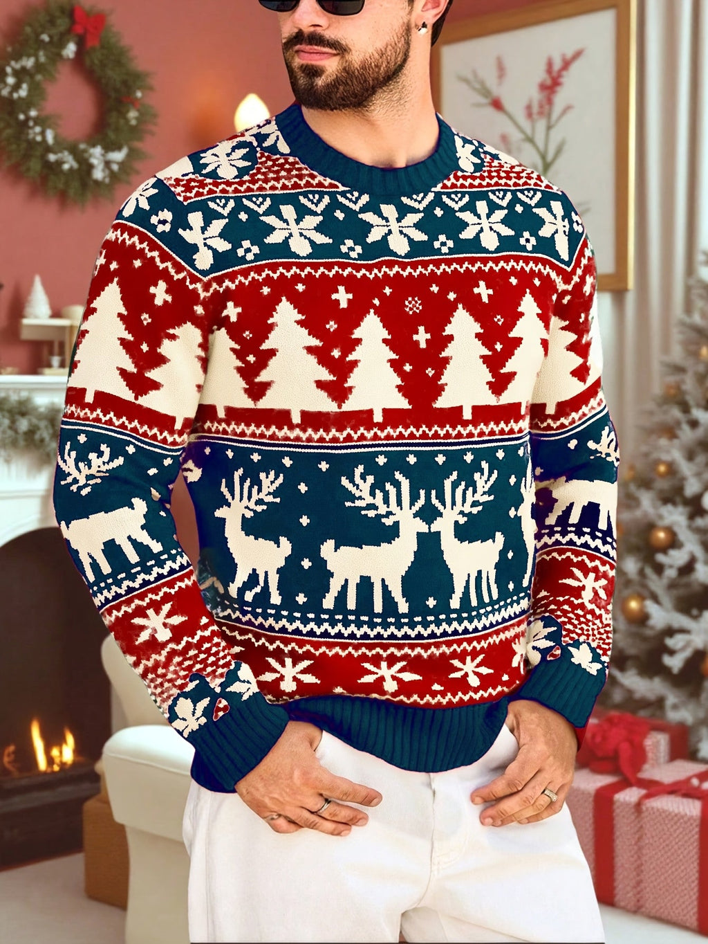 Mens Christmas sweater in Blue with reindeer and tree pattern, front view