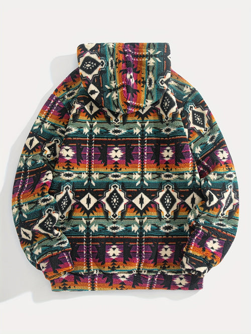 Aztec Print Sherpa Hoodie for Men with Front Pocket