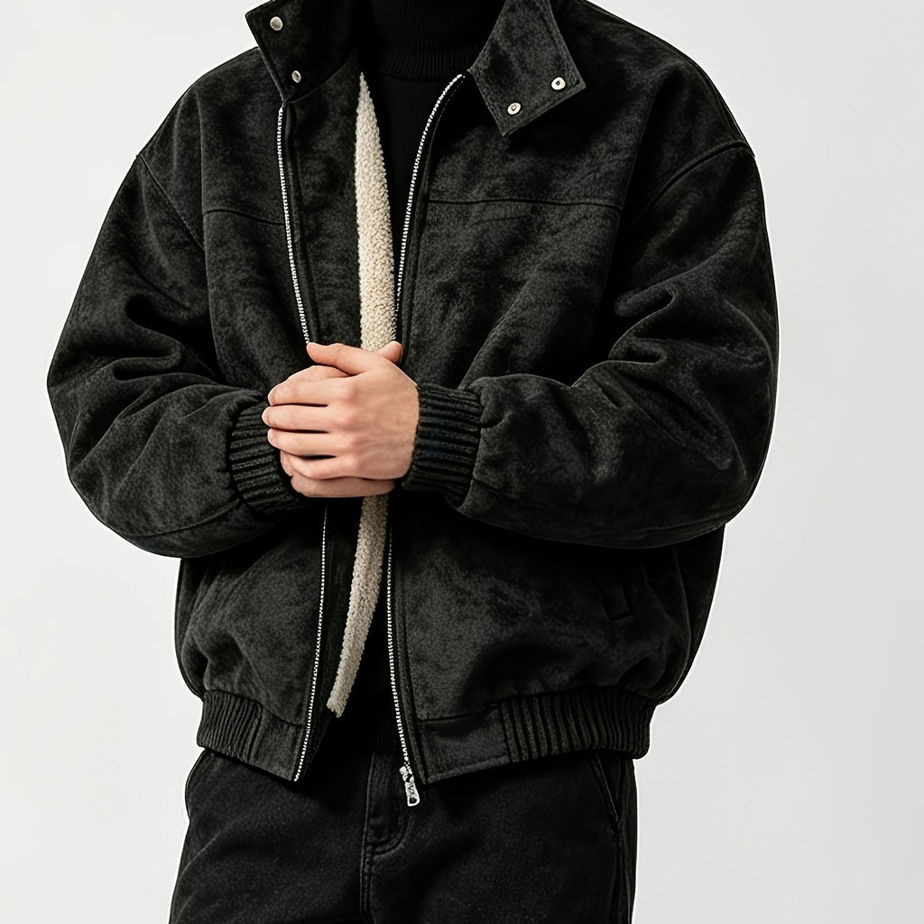 Fleece Lining Suede Work Jacket with Stand Collar