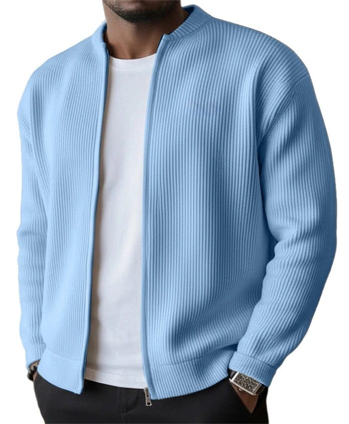 Mens zip up cardigan in rib knit in Blue, worn open over a white tee