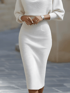 Womens midi sweater dress in White, close-up of the fitted skirt