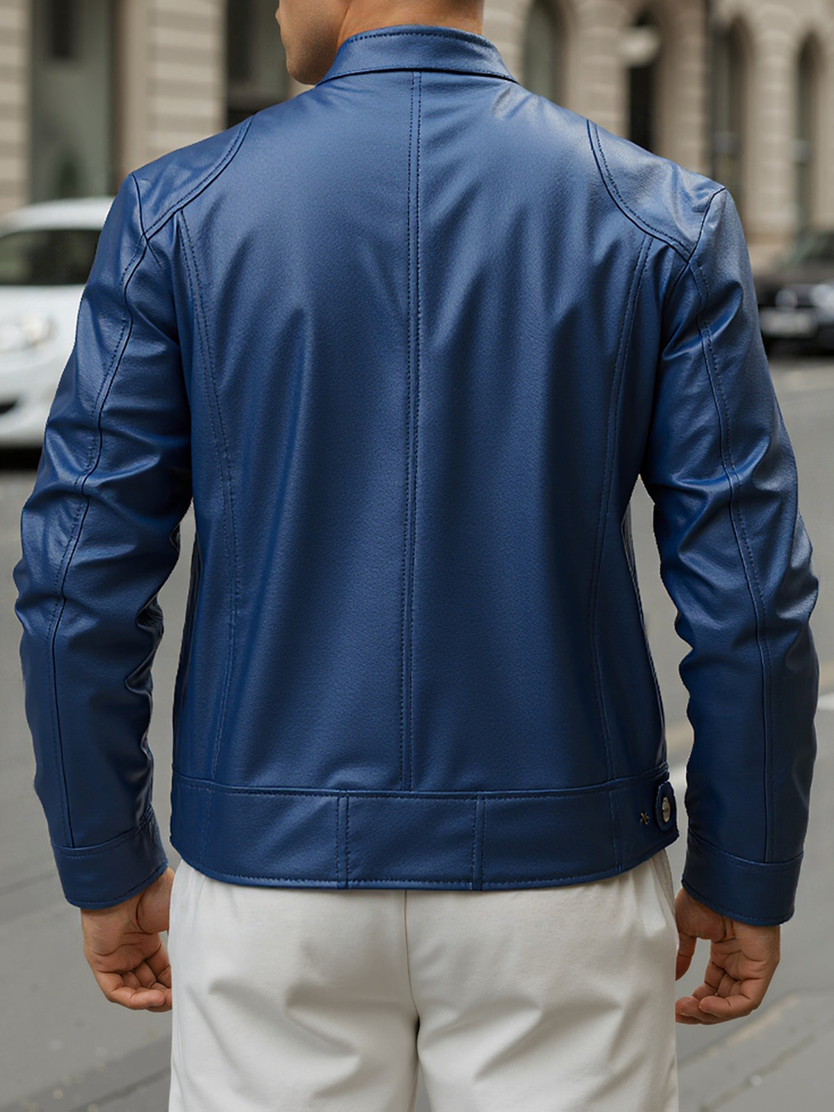 Zip Pockets Leather Jacket with Stand Collar