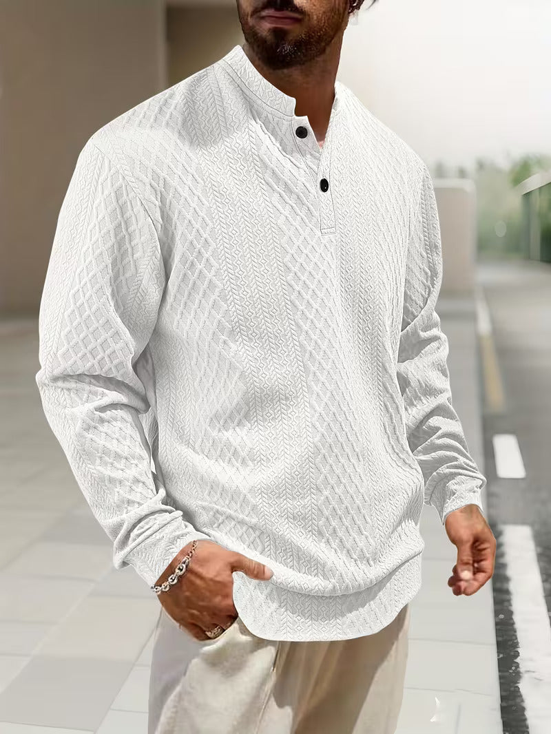 Mens henley sweater in White, front view with button neck