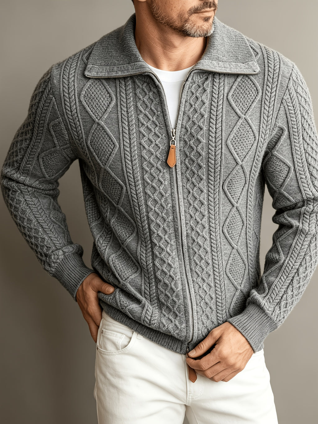 Spread Collar Cable Knit Sweater with Full Zip