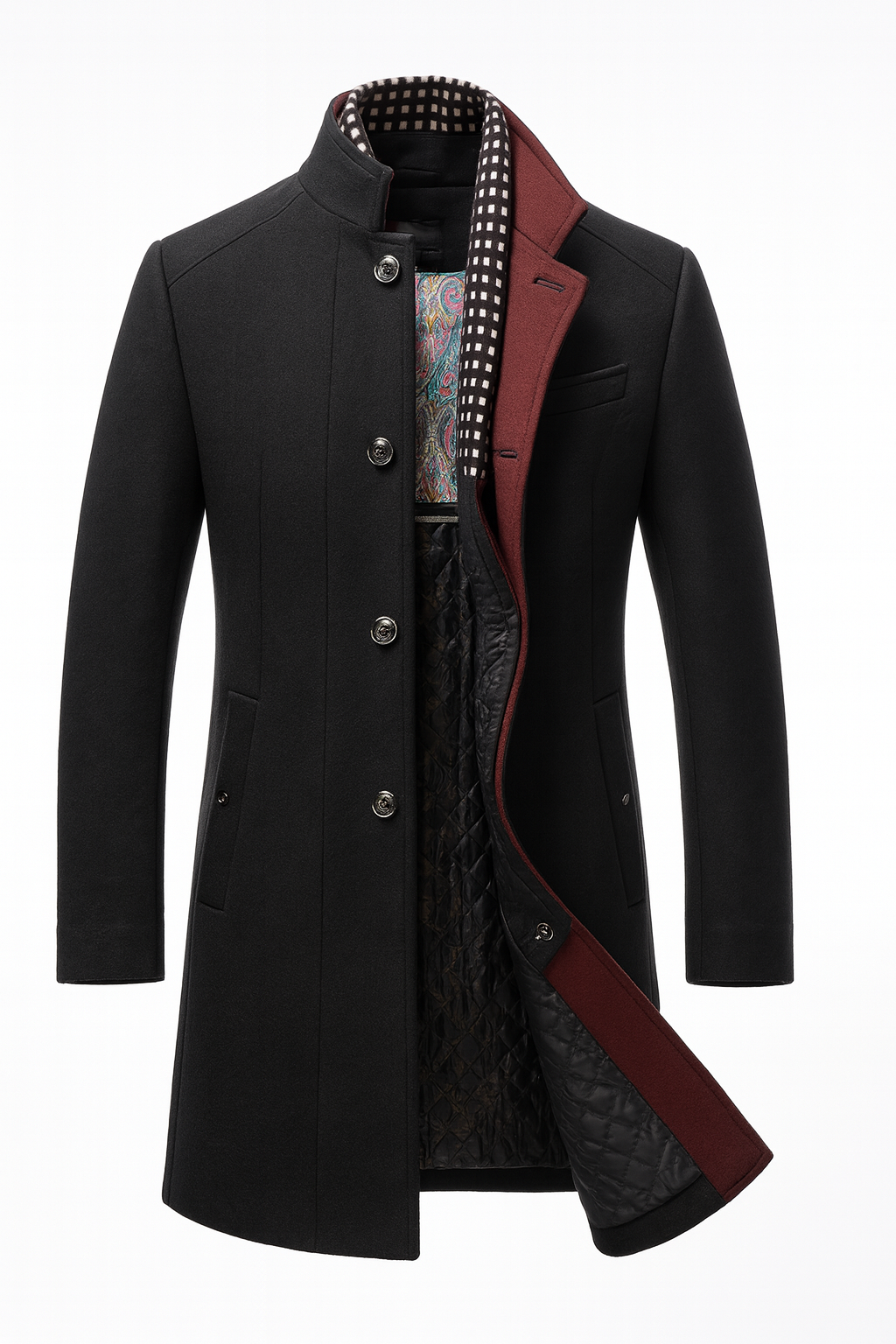 Mens overcoat in Black, open front with burgundy facing