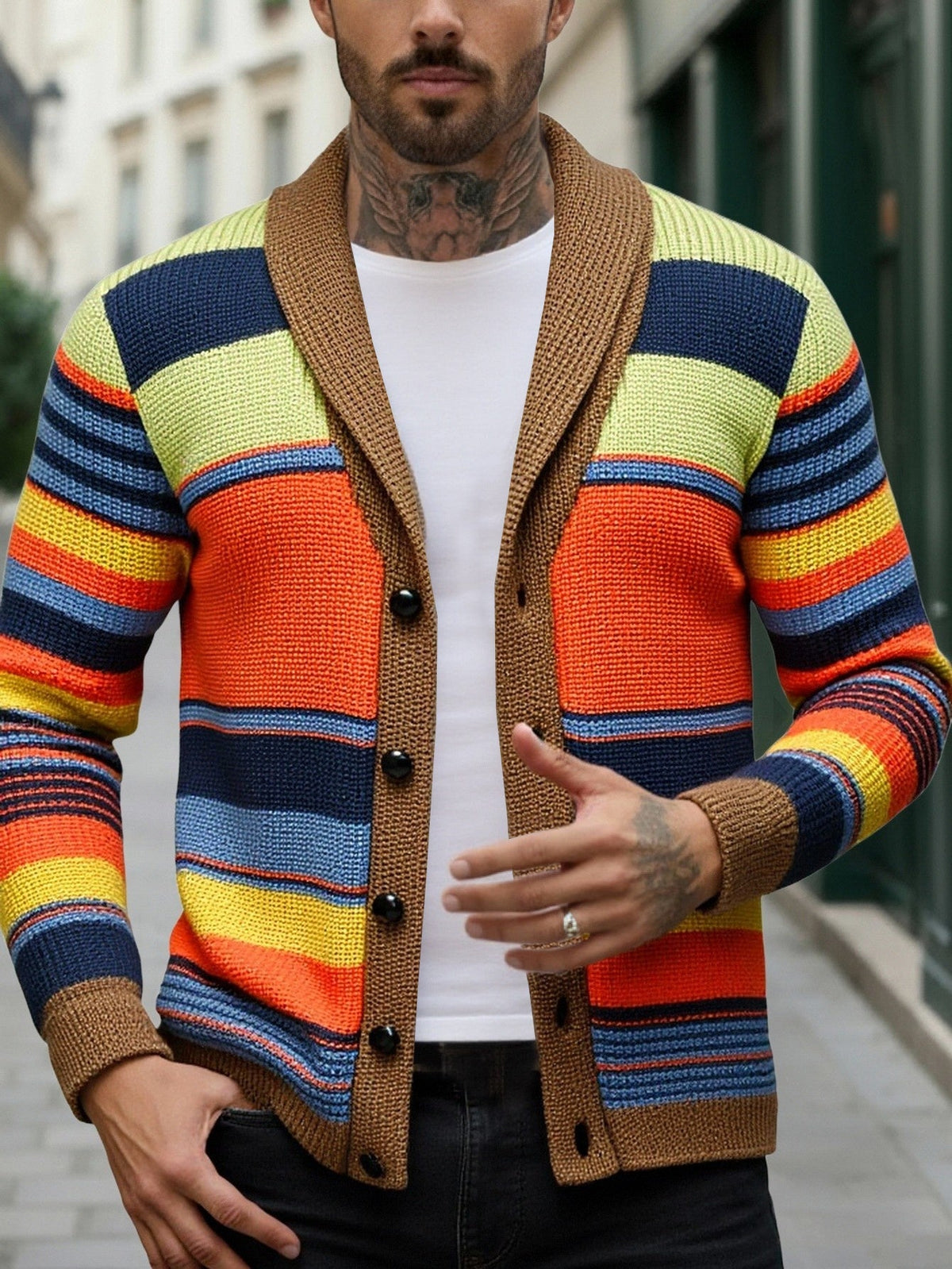 Chunky Knit Striped Cardigan for Men, view 4