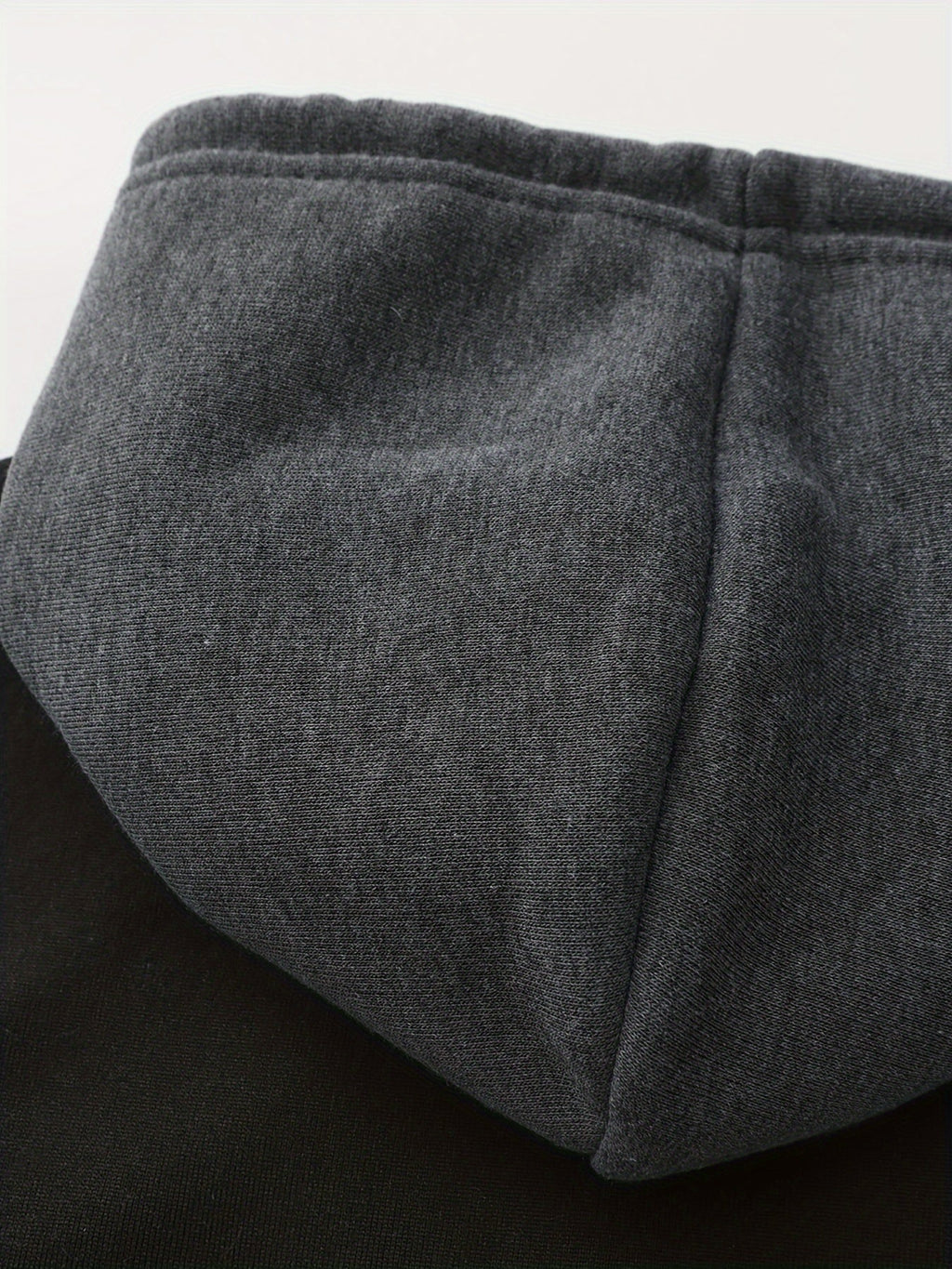 Mens zip up hoodie in Charcoal, close-up of the fleece lined hood