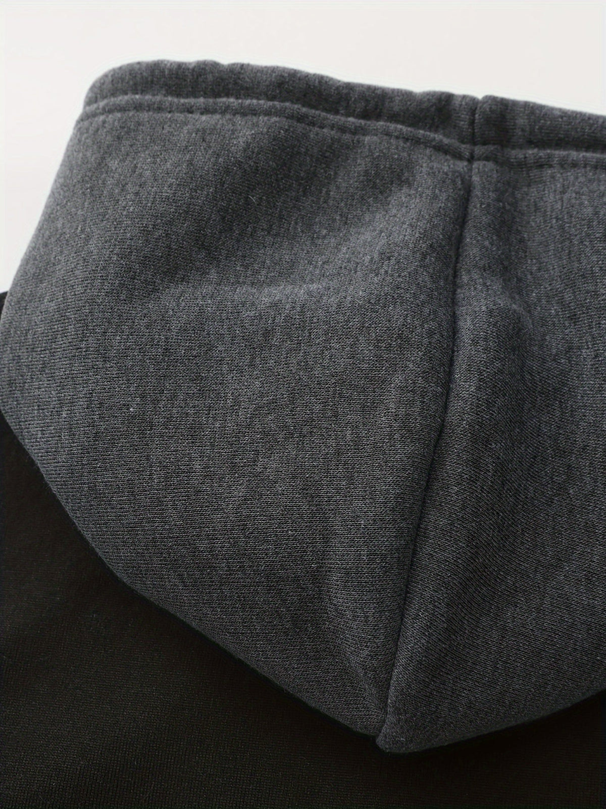 Mens zip up hoodie in Charcoal, close-up of the fleece lined hood