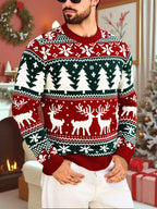 Mens Christmas sweater in Red with reindeer, trees and snowflakes, front view