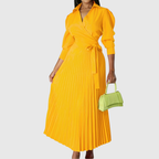 Womens wrap dress with pleated maxi skirt in Yellow, tie waist, front view