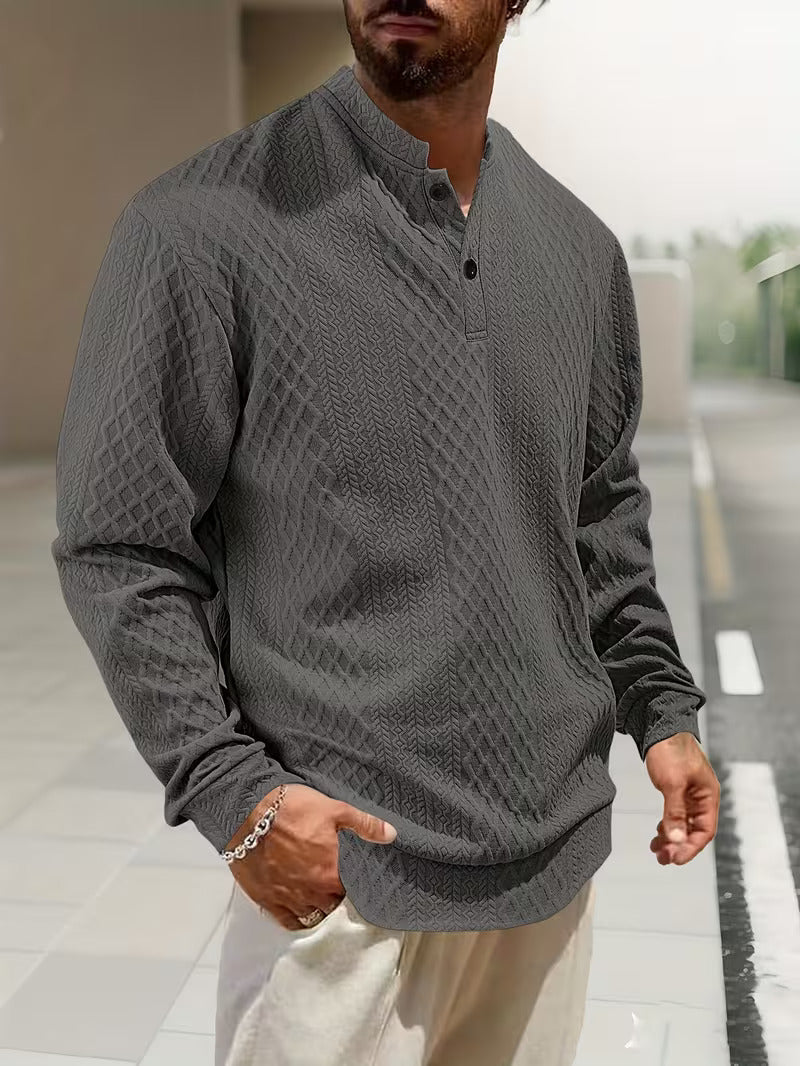 Mens henley sweater in Gray, front view with button neck
