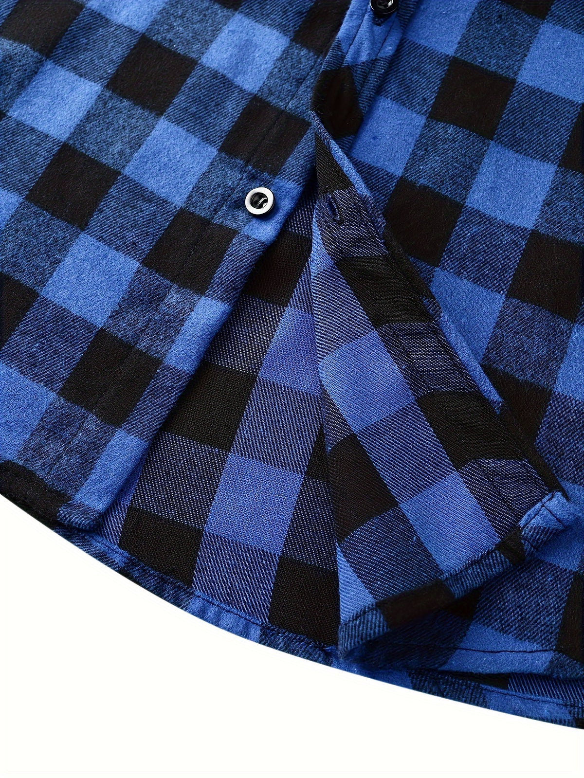 Mens hooded flannel in Blue, close-up of the hem