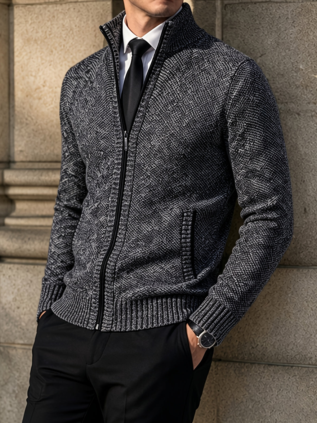 Patch Pockets Cardigan with Stand Collar
