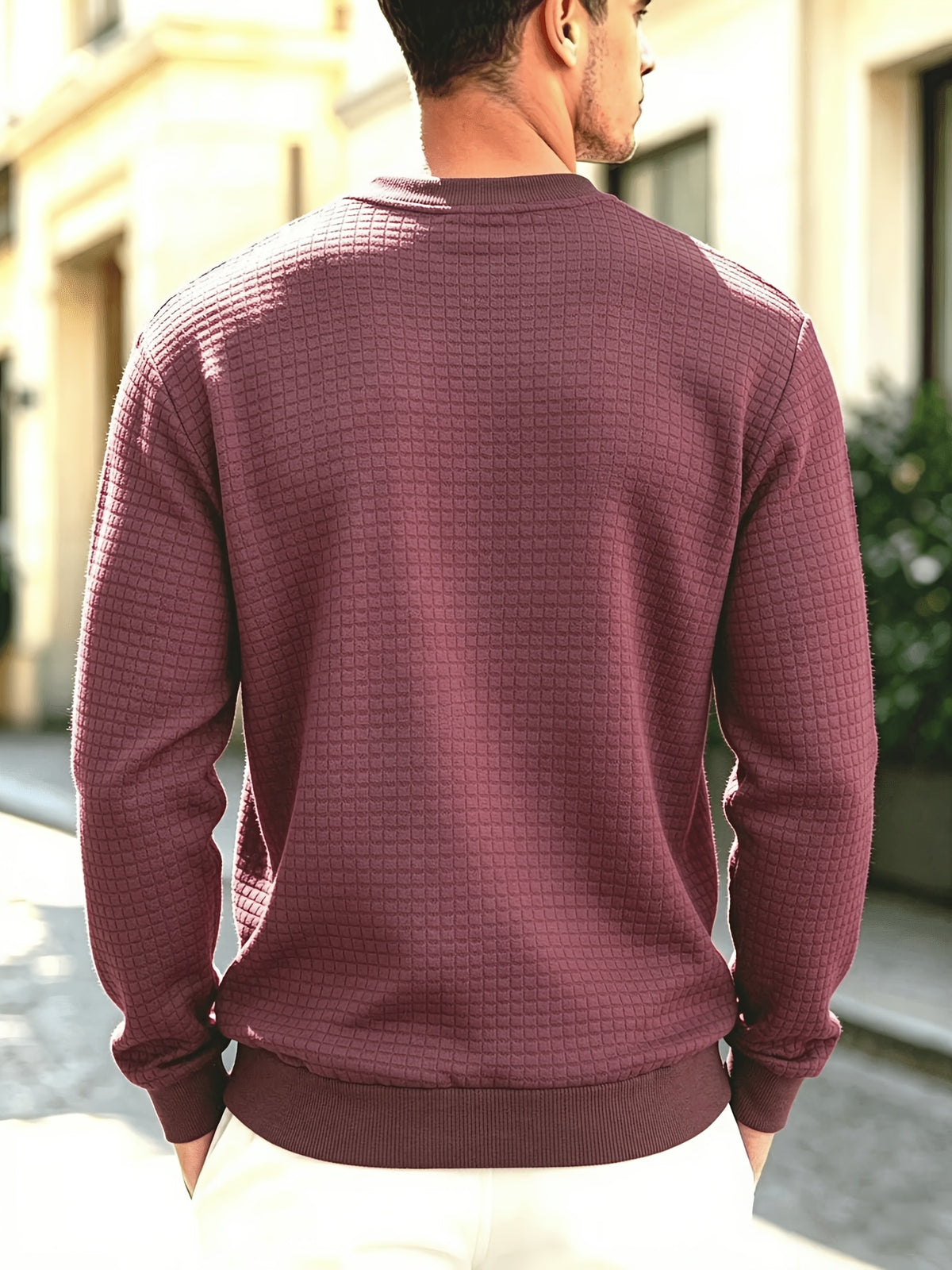 Leather Patch Crewneck Sweater with Waffle Texture