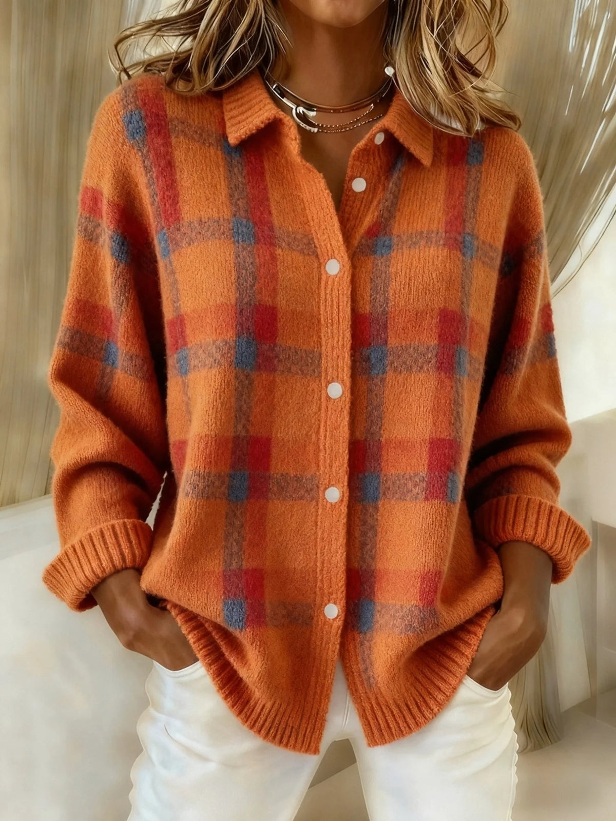 Womens cardigan in Orange, plaid, front view