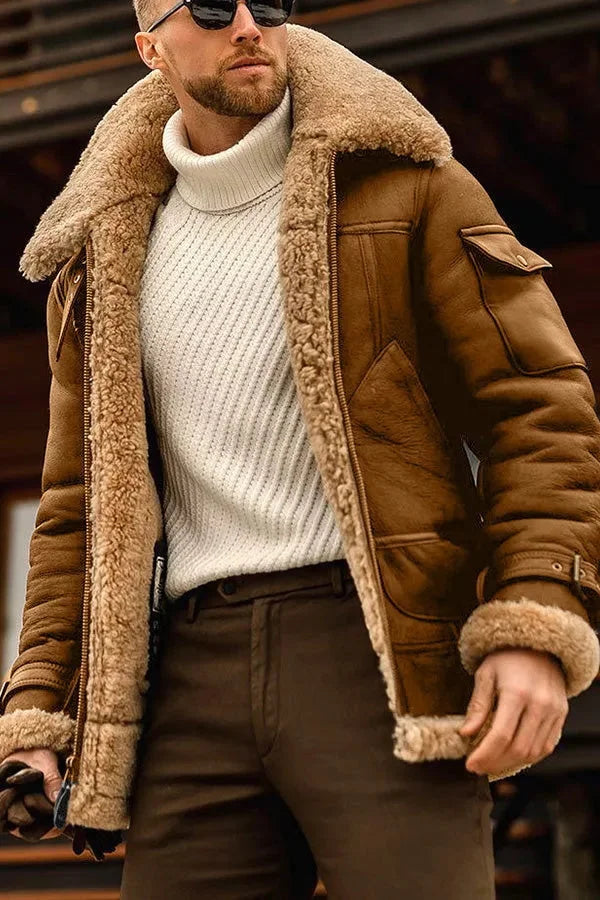 Shearling Collar Suede Aviator Jacket with Zip Front