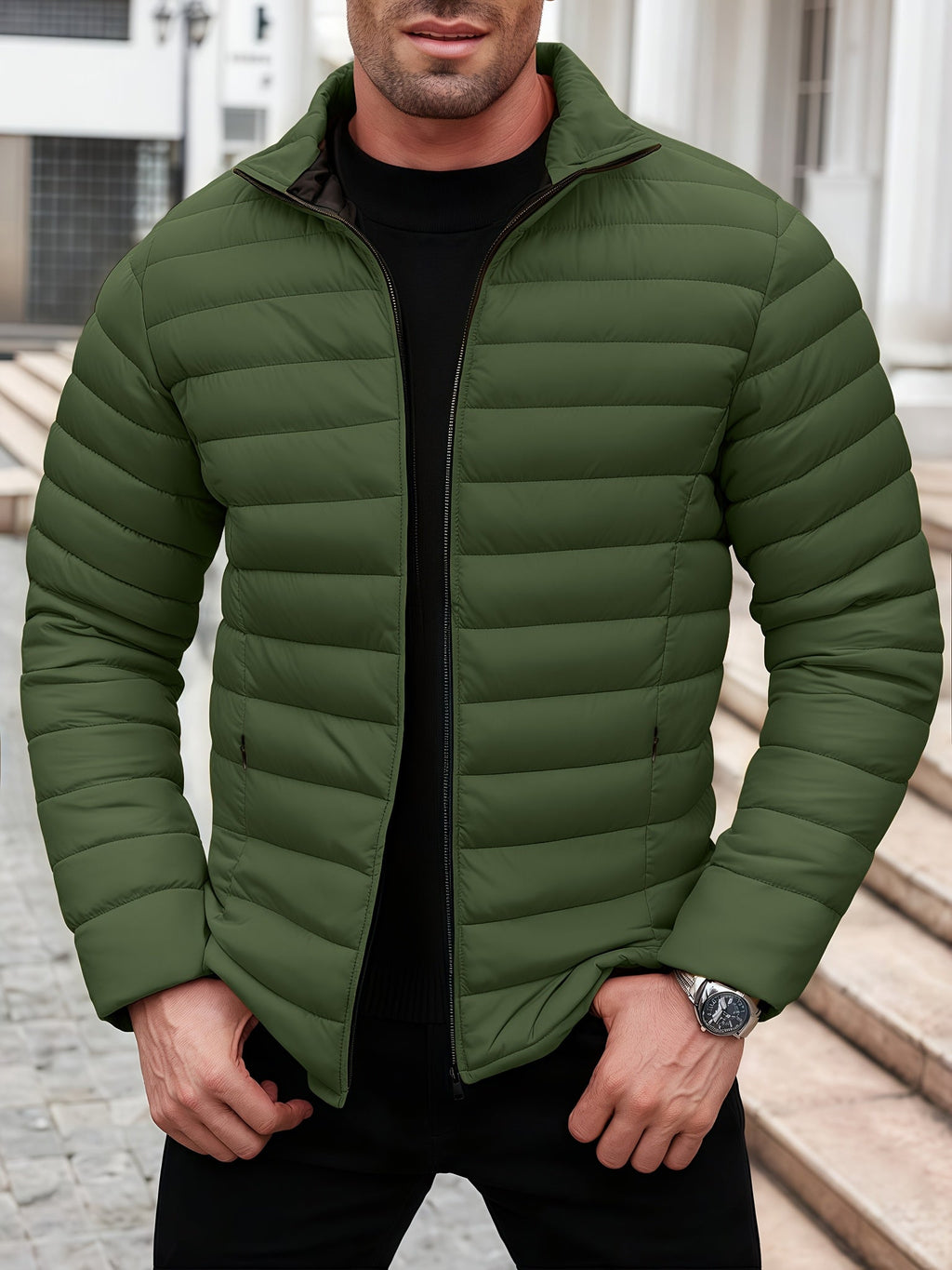 Lightweight Puffer Jacket for Men with Stand Collar
