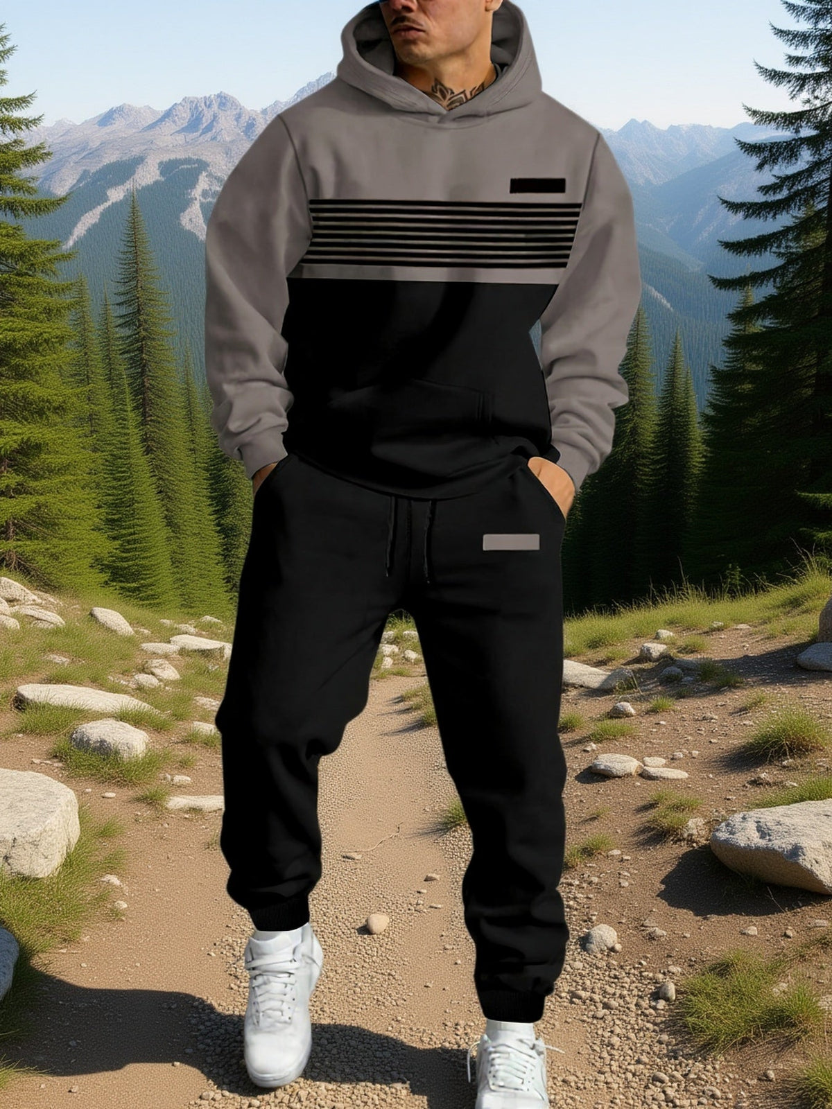 Mens tracksuit in Taupe Black, worn outdoors on a trail