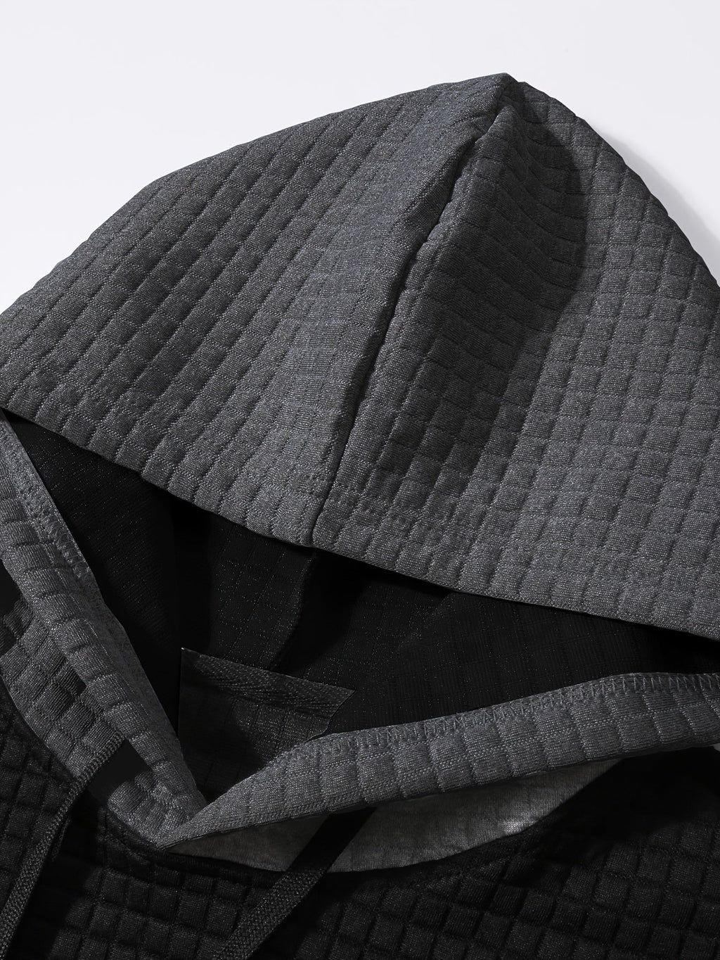 Mens hoodie in Gray, close-up of the waffle knit hood