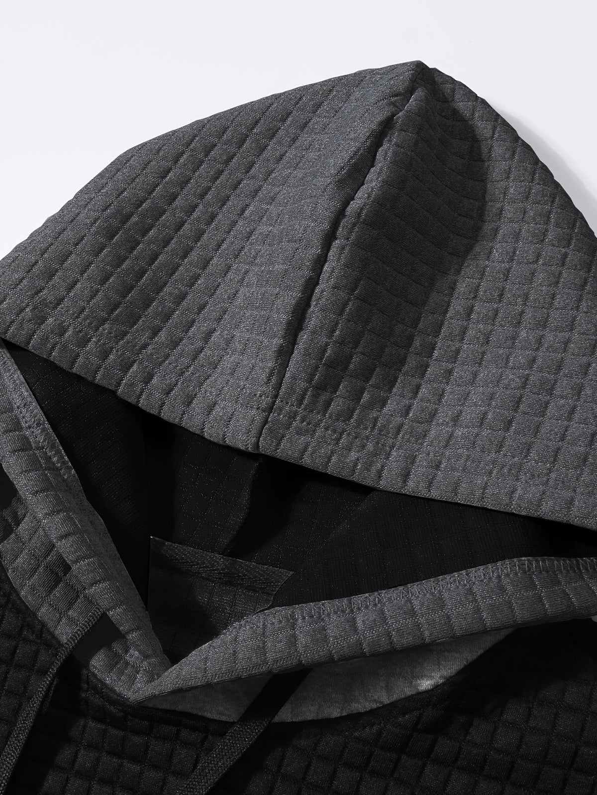 Mens hoodie in Gray, close-up of the waffle knit hood