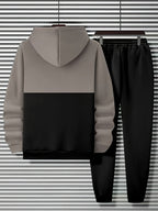 Mens tracksuit in Taupe Black, hoodie back and joggers on hangers